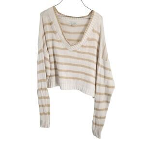 American Eagle Cropped Cream and Tan Knit Sweater Womens Size Large L